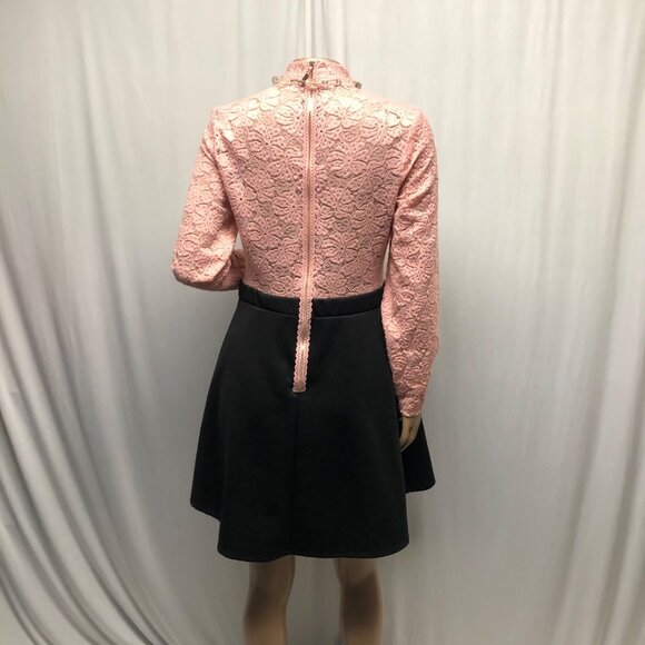 B Darlin Skater Dress Pink Lace Black Size 13-14 Long Sleeve Mock Neck Retro - Picture 4 of 7